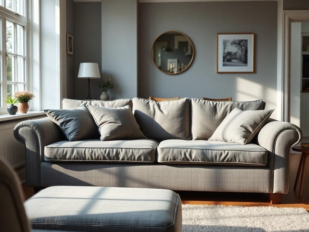 A fabric sofa in a bright living room